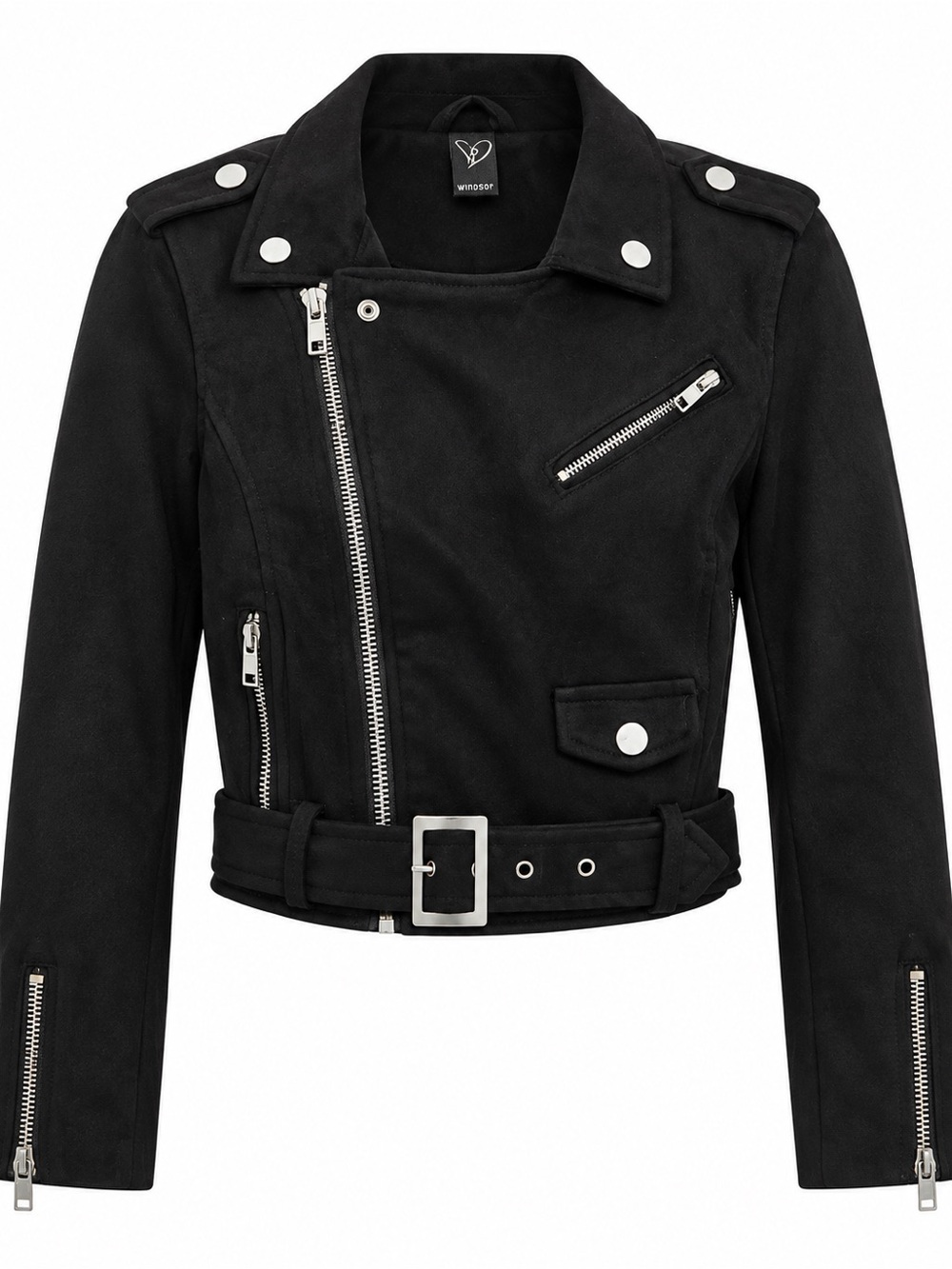 Windsor Black Suede Asymmetrical Moto Jacket with Belt